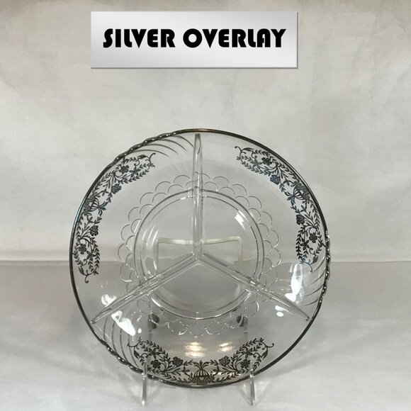 Vintage Silver Overlay Glass 3-Section Divided 9" Dish - Picture 1 of 8